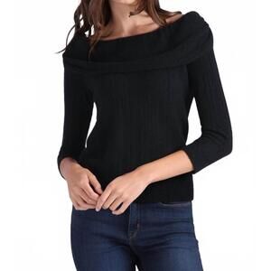 NEW MINNIE ROSE cashmere pointelle off shoulder sweater with tier in black